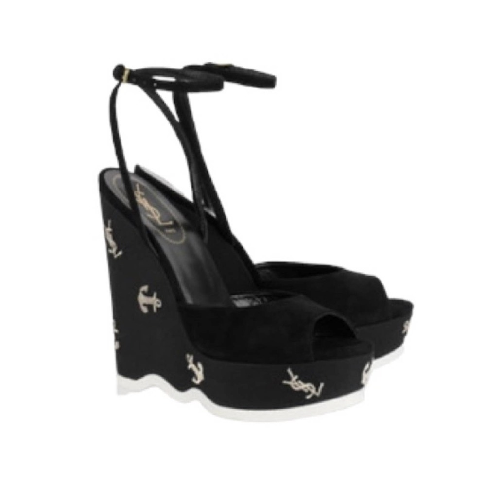 Saint Laurent Suede Cassandra Logo Ankle Strap Wedge - 8 US, Black fits 7.5 US